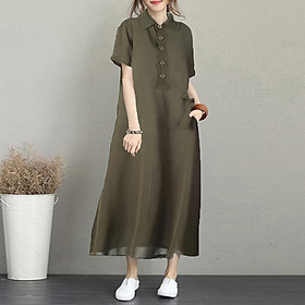 Women Shirt Dress Belted Pockets Button Turn-down Collar Short Sleeve Casual Summer Midi Dress