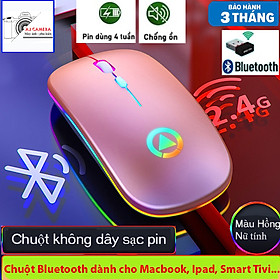 Chuột Không Dây Bluetooth Sạc Lại Khi Hết Pin Bản Cao Cấp, Chống Ồn Chế Độ Kép Wireless Usb 2.4Ghz, Bluetooth, Sạc 1 Lần Dùng 4 Tuần, Hiệu Ứng Đèn Led RGB Dành Cho Macbook, Laptop, iPad Và Smart TV