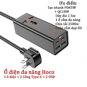 Hình ảnh Ổ cắm điện đa năng sạc nhanh PD 65W cổng typeC + QC18W có 2*USB + 2*Type-C có 1 lỗ cắm tải 2500W dây dài 1.5m AC10 - hàng chính hãng