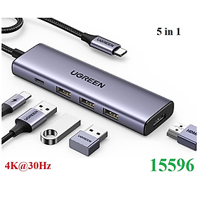 Bộ Chuyển Đổi 5in1 Ugreen 15596 USB type C sang 1 x HDMI 4K30Hz + 3 x USB 3.0 + 1 x USB-C PD 100W-Hàng chính hãng