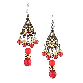 Women's Bohemian Beads Pendant Drop Tassels Hook Dangle Earrings Red