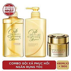 Bộ Ba Chăm Sóc Tóc Phục Hồi Ngăn Rụng Tóc TSUBAKI Gội Xả (490ml/chai) + Mặt Nạ Tóc Cao Cấp Phục Hồi Hư Tổn 180g