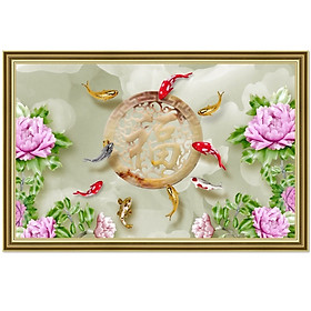 Tranh dán tường cửu ngư quần hội bên hoa mẫu đơn NewLuna_0026K