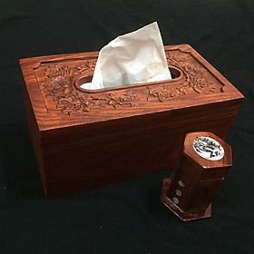 Hộp đựng giấy ăn gỗ hương chạm khắc hình Hoa Hồng tinh xảo tặng kèm hộp đựng tăm khảm chai  - hàng làm kỹ ( hình thật ) - Hộp đựng giấy ăn để bàn trang trí - Hộp quà tặng 