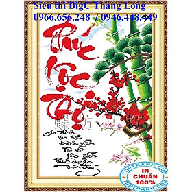 Tranh thêu chữ thập chữ phúc lộc thọ có cành hoa đào đỏ và cây trúc xanh 222336