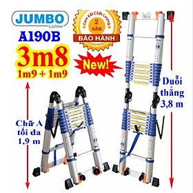 Mua Thang Nhôm Rút Chữ A JUMBO A190B - Đai xanh  chữ A cao 1.9m  chữ I cao 3.8m  tải trọng 300kg  8 đế cao su chống trượt  có bánh xe kéo  khóa chốt cao cấp  bậc thang thiết kế chống trượt  thanh giằng giữa 2 bên thang - Luôn Có Phụ Kiện Thay Thế