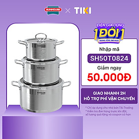 Bộ Nồi Inox Sunhouse Mama cao cấp 5 đáy SH784 (16cm, 20cm, 24cm) - Dùng cho mọi loại bếp - Hàng chính hãng