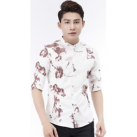 Áo sơ mi Titishop cổ trụ tay lửng in họa tiết màu trắng SM559