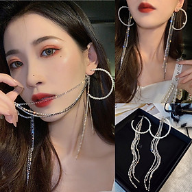 Khuyên tai dài tròn đính đá ngọc trai mặt trăng