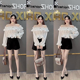 Set quần áo nữ đẹp chất Set đồ nữ đẹp ̂ Set áo trễ vai tay phồng kèm quần dễ thương