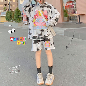 Set Áo Hoodie 3D In Hình Unisex Dáng Rộng Kèm Quần Short - Set Bộ Hoodie Loang Màu - MM