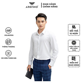 Áo sơ mi trắng dài tay không túi ARISTINO với thành phần 100% Micro Polyester cho bề mặt trơn bóng, mềm mại, ít bám bụi, dáng Slim fit gọn gàng lịch sự