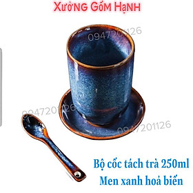 Bộ Cốc Trà 250ml Men Xanh Hoả Biến (cốc +đĩa + thìa) - Cốc tách uống trà xanh màu hoả biến - Gốm Sứ Cao Cấp Bát Tràng