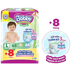 Tã quần Bobby mới L68 - Lõi nén thần kì 3mm - Siêu mỏng khô thoáng bất ngờ - Tặng thêm 8 miếng