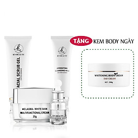 Bộ 4 bước chăm sóc da Trắng sáng Ngừa Nám KN Beauty chuyên sâu: Kem dưỡng + Serum + Sữa rửa mặt + Tẩy tế bào chết (Tặng Body Bơ Ngày)