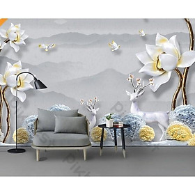 Tranh dán tường Tranh hoa sen và nai sừng hiện đại tối giản, tranh dán tường 3d hiện đại (tích hợp sẵn keo) MS896409