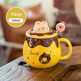 Cốc Sứ Donut Hoạt Hình Thỏ Dễ Thương Có Nắp 3D Và Thìa Khuấy Cute 400ml - Quà Tặng Trẻ Em Bạn Gái