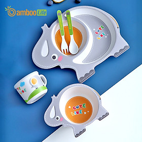 Mua Khay ăn dặm sợi tre Bamboo Life an toàn cho bé- Bộ chén ăn dặm cao cấp 5 chi tiết thìa  dĩa  khay  bát  cốc- BL035