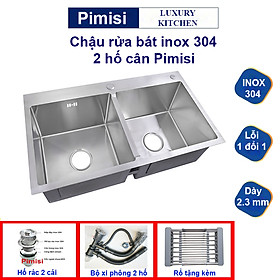 Chậu rửa bát inox 304 Pimisi đúc 2 hố cân, lệch - kích thước 7843-8245 cm đầy đủ xi phông dùng để rửa chén bát gắn được cả âm bàn đá | Hàng chính hãng