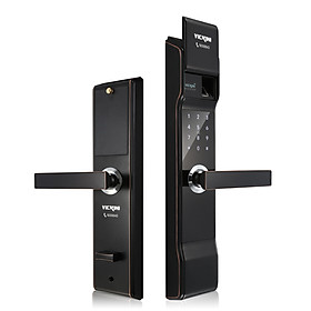 Khóa cửa điện tử VICKINI 39812.001 GYM-AC nâu nho. Mở bằng vân tay, mật mã, thẻ từ, chìa cơ. Hàng chính hãng