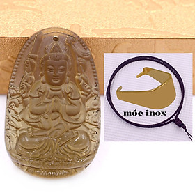 Mặt dây chuyền Phật Thiên thủ thiên nhãn đá obisidian 3.6cm kèm vòng cổ dây dù nâu + móc inox vàng, Phật bản mệnh, mặt dây chuyền phong thủy