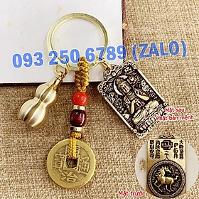 Móc Khóa Đồng Thau 12 Con Giáp 3 Món, Dây 5 Xu + Quả Bầu Rỗng + Thẻ 2 Mặt Phật Bản Mệnh mỗi con giáp