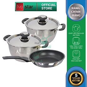 Bộ nồi chảo chống dính bếp từ 3 đáy inox 430 Thân Cool Fivestar Standard quai silicon chống nóng nắp inox , tặng 1 vá canh