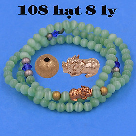 Vòng chuỗi 108 hạt đá mắt mèo xanh ngọc 8 ly size lớn charm tỳ hưu inox vàng hồng, vòng chuỗi niệm Phật, vòng chuỗi đeo tay