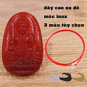 Mặt dây chuyền Văn thù bồ tát mã não đỏ 3.6 cm kèm vòng cổ dây cao su đỏ, Phật bản mệnh, mặt dây chuyền phong thủy