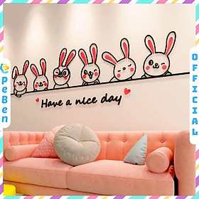 Tranh dán tường mica 3d decor khổ lớn hoạt hình thỏ bunny dễ thương trang trí mầm non, mẫu giáo, phòng cho bé