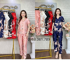 Bộ đồ Pijama lụaBộ lụa tay cộc - quần dài họa tiết con hạc chất lụa Satin