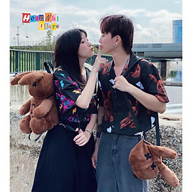 Áo sơ mi hoạ tiết tay lỡ dáng rộng,sơ mi đen hình thỏ tay lửng unisex - mm