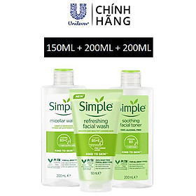 Combo Chăm sóc da mặt toàn diện với Sữa rửa mặt Simple sạch thoáng không chứa xà phòng 150ml + Nước hoa hồng Simple 200ML & Nước tẩy trang Simple 200ML [Chính Hãng Độc Quyền]