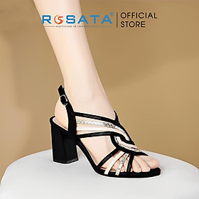 Giày sandal cao gót nữ ROSATA RO449 phối dây mũi tròn quai hậu cài khóa kiểu basic hàn quốc gót cao 7cm xuất xứ Việt Nam - Đen