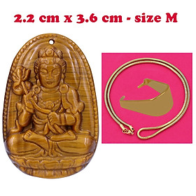 Mặt Phật Đại thế chí đá mắt hổ 3.6 cm kèm dây chuyền inox rắn vàng - mặt dây chuyền size M, Mặt Phật bản mệnh