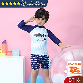 Bộ đồ bơi bé trai dài tay cá mập, vải bơi co giãn 4 chiều, có mũ bơi | BT18