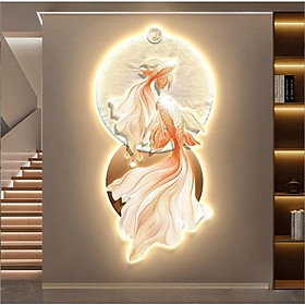 (HCM) Tranh đèn led tráng gương in UV đôi cá tài lộc phong thủy trang trí phòng khách kèm đinh treo