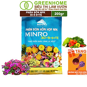 Phân NPK 30-9-9 +TE Greenhome, Minro, Bao 200gr, Phát Triển Nhanh Thân, Cành, Lá, Bộ Rễ Trên Kiểng, Cây Ăn Trái, Củ, Quả - 1B NPK 30-9-9 200GR