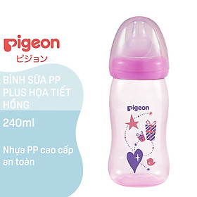 Bình sữa cổ rộng PP Plus họa tiết xanh/hồng Pigeon 240ml (M) (HSD:11/2025)