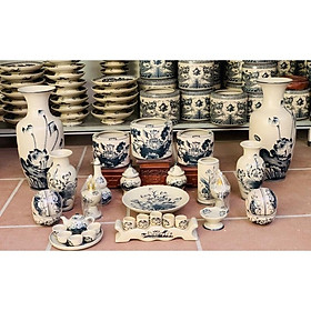 Mua Bộ ban thờ gia tiên 19 và 23 món men rạn cổ cho ban thờ 1m27  họa tiết vẽ thủ công Rồng- Sen. Gốm sứ Bát Tràng