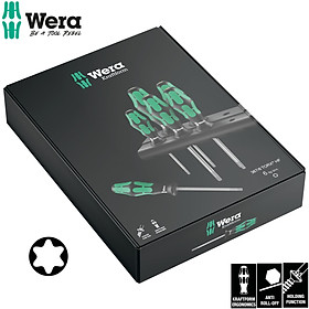 Bộ tua vít hoa thị chức năng giữ vít  Wera 05028059001 367/6 TORX HF Kraftform Plus Screwdriver gồm 6 cái với giá treo vít.