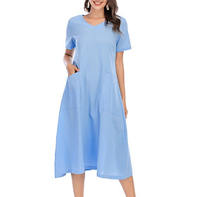 Women Plus Size Loose Dress V Neck Short Sleeves Pockets Vintage Holiday Beach Dress S-5XL