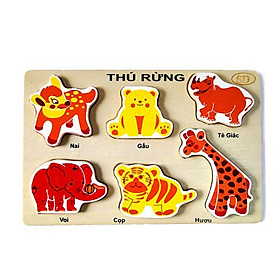 Đồ Chơi Gỗ Thông Minh - Bộ Lắp Ghép Nhận Dạng Hình Động Vật Bằng Gỗ (6 chi tiết hình thú nhiều màu) - Sản xuất tại Việt Nam, an toàn, đạt chuẩn Quatest 3 - Dành cho bé từ 3 tuổi trở lên