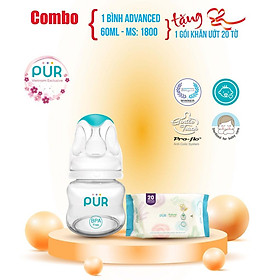 Bình sữa cổ thường Pur Advanced 60ml được làm từ chất vật liệu tinh khiết - Tặng gói khăn ướt Pur