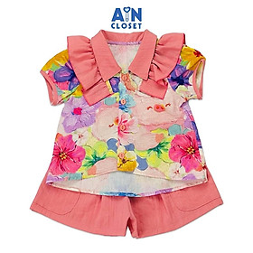 Bộ quần áo ngắn bé gái họa tiết hoa Dâng Bụt hồng cotton - AICDBGBJZ3IS - AIN Closet