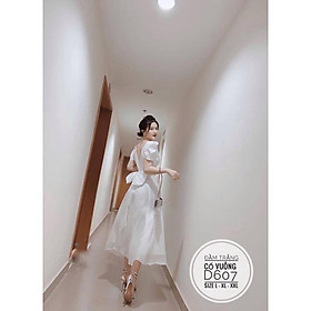 Bigsize 60-90KG vmart Đầm trắng cổ vuông D607 hàng Quảng Châu cao cấp chiết eo giấu bụng