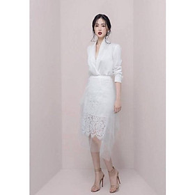 Set áo đầm váy phi mờ ren lưới mềm đen trắng tay dài cổ V công sở đi biển dự tiệc dạo phố bigsize cao cấp