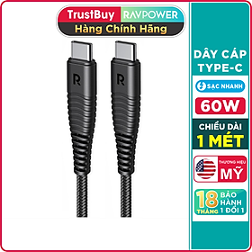 Dây Cáp Sạc Type C to C Sạc Nhanh 60W, Dài 1m, Dây Dù Nylon Siêu Bền RAVPower RP-CB047 - Hàng Chính Hãng