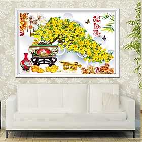 TRANH THÊU PHÚC LỘC THỌ MAI VÀNG - 100 x 55 cm - TỰ THÊU