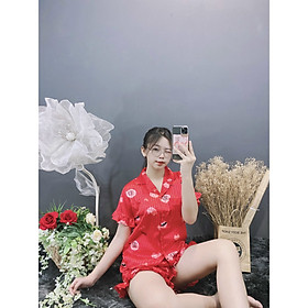 Đồ bộ mặc nhà - đồ ngủ Lụa Gấm cho bạn nữ dưới 62kg đùi phối bèo họa tiết dễ thương, mát mẻ và sang trọng
